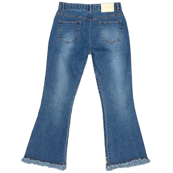 YAGI U.S.A. Vintage Mid-Rise Floral Embroidered Fringe Hem Flare Jeans Y2K Sz 7 - Picture 2 of 16